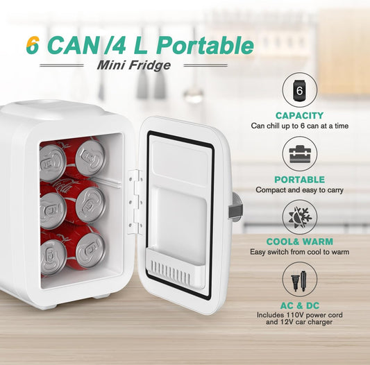 Mini Fridge, 4 Liter/6 Can Portable Cooler and Warmer Personal Refrigerator for Skin Care, Cosmetics, Beverage, Food,Great for Bedroom, Office, Car, Dorm, ETL Listed (White)