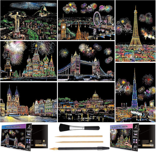 Scratch Art Rainbow Painting Paper (A4), DIY Art Crafts Womens Hobbies, Scratch Painting for Adults Thanksgiving Day Creative Gift Set: 8 Sheets (Classic City Building)