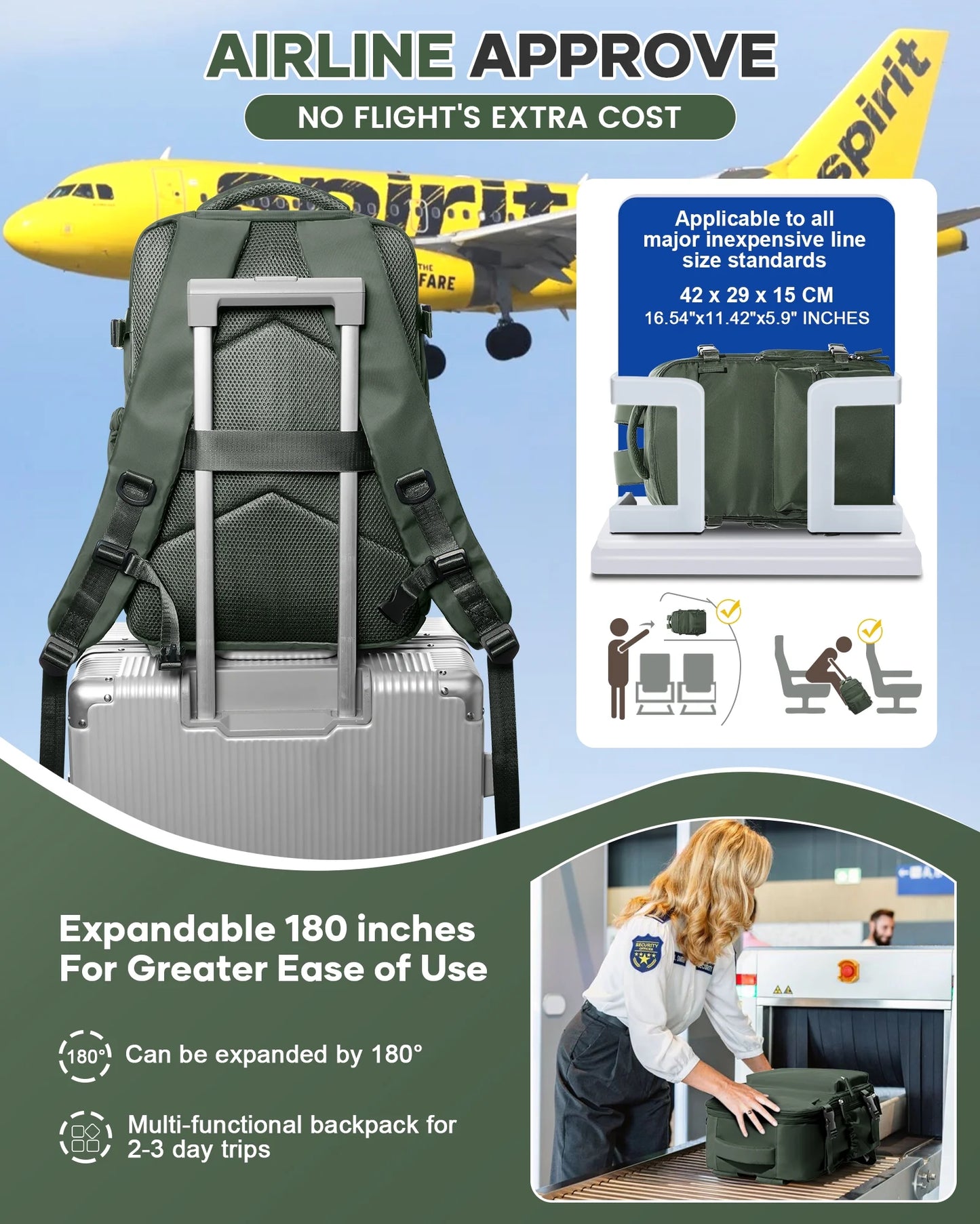 Large Vacuum Travel Backpack with Pump for Women,Airback Personal Item Carry on Backpacks Flight Approved 18X14X8 Inches for Men,Laptop Waterproof Work Compression Bags Casual Daypack,Brown Green