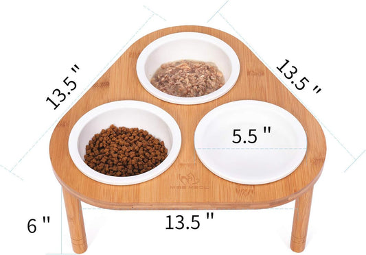 Raised Cat Feeder with Stand, Elevated Bamboo Stand with 3 Ceramic Bowls, anti Slip and Removable Feet