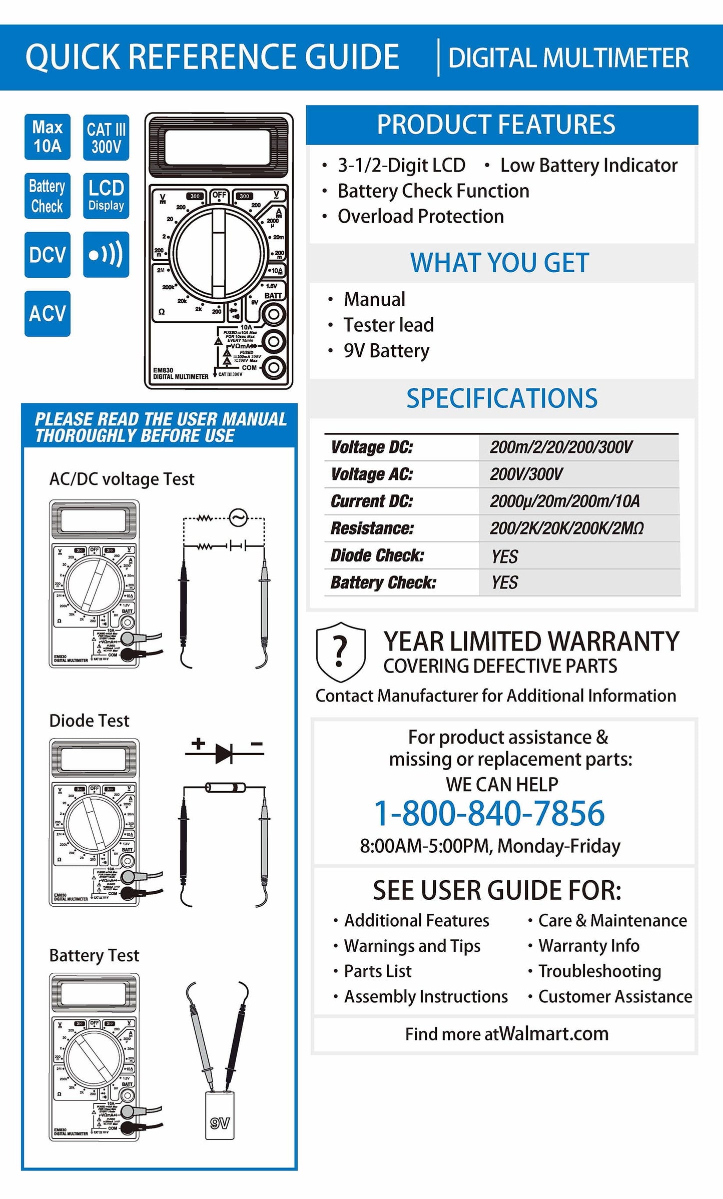 Digital Multimeter TD35235J, 3 1/2 Digit Screen, New, 4.25 Inch Assembled Product Width
