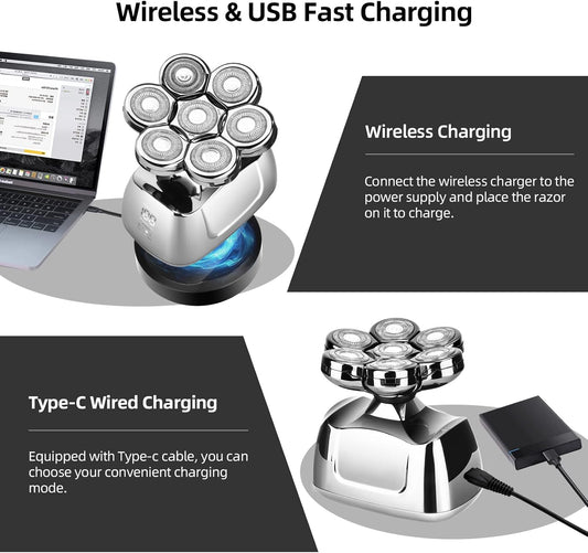 Rasoir À Tête Chauve Homme 7D, Rasoir Electriques Hommes Sans Fil Avec Base De Charge Rapide, 6 En 1 Tondeuse À Barbe Rechargeable, Rasoir Electrique Tondeuse Cheveux Avec Étanche, Affichage LED