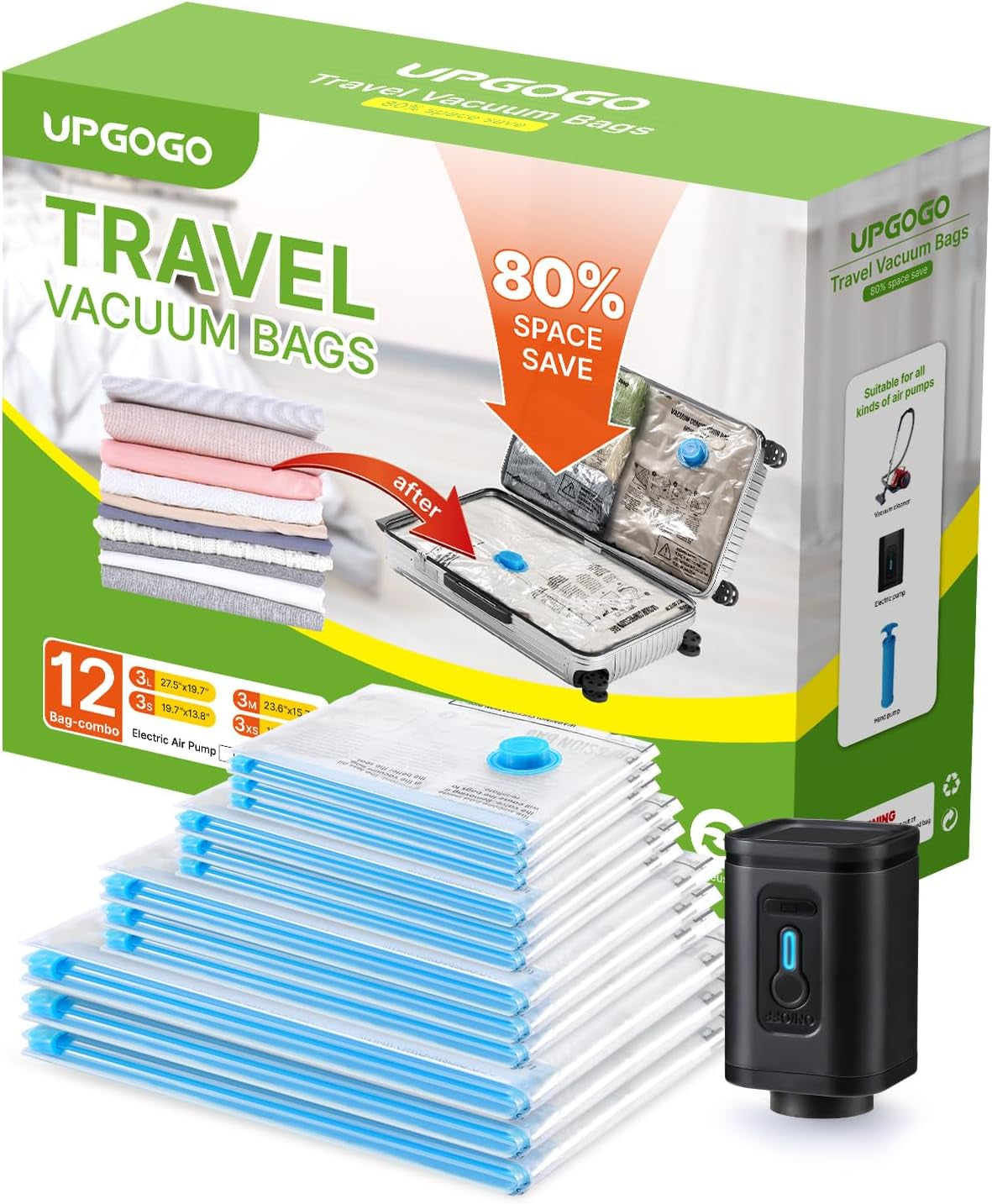 Combo 12 Pack Travel Vacuum Bags with Portable Electric Pump, Space Saver Vacuum Storage Bags for Clothing and Luggage, Travel Essentials