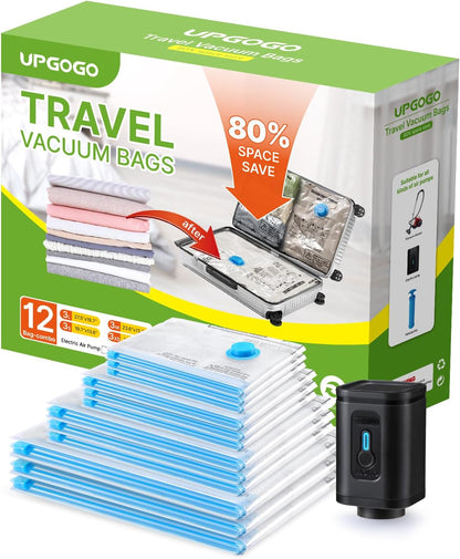 Combo 12 Pack Travel Vacuum Bags with Portable Electric Pump, Space Saver Vacuum Storage Bags for Clothing and Luggage, Travel Essentials