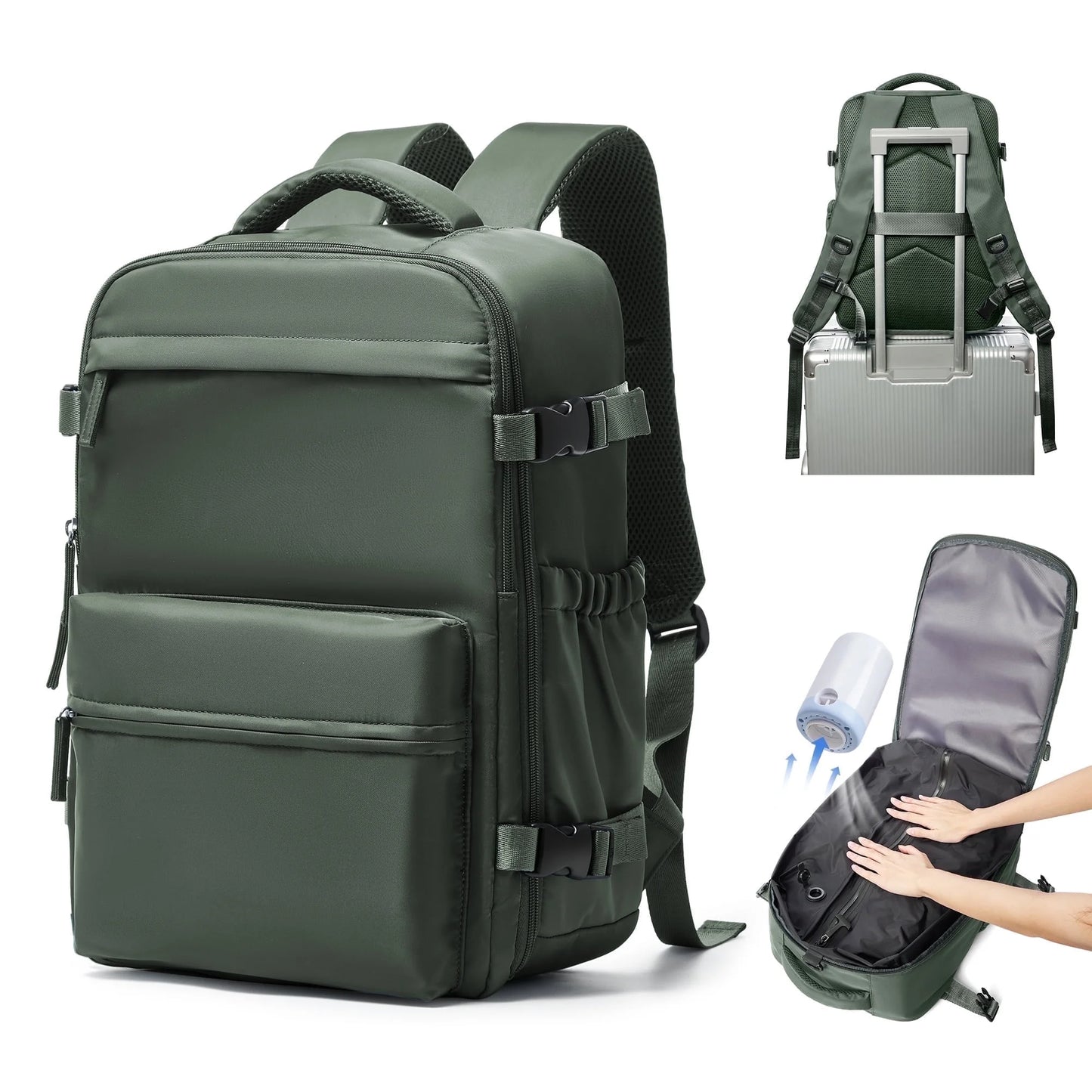 Large Vacuum Travel Backpack with Pump for Women,Airback Personal Item Carry on Backpacks Flight Approved 18X14X8 Inches for Men,Laptop Waterproof Work Compression Bags Casual Daypack,Brown Green