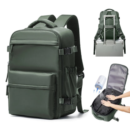 Large Vacuum Travel Backpack with Pump for Women,Airback Personal Item Carry on Backpacks Flight Approved 18X14X8 Inches for Men,Laptop Waterproof Work Compression Bags Casual Daypack,Brown Green