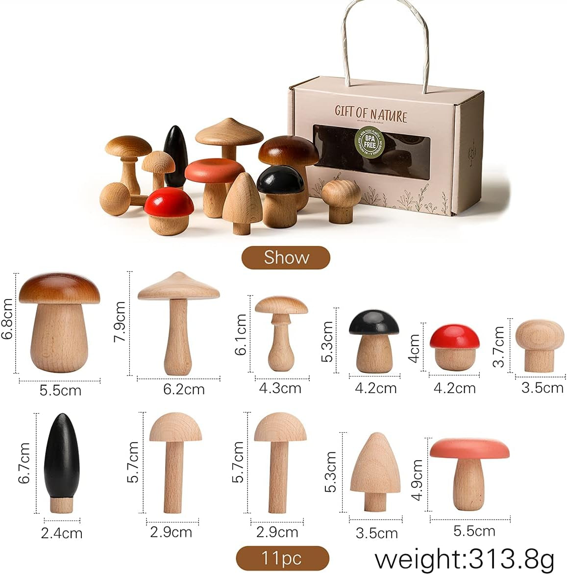 Wooden Mushroom Toys Set for Kids, 11 Pcs Wood Mushroom Kit Art & Craft Set Montessori Early Educational Preschool Classroom Toy