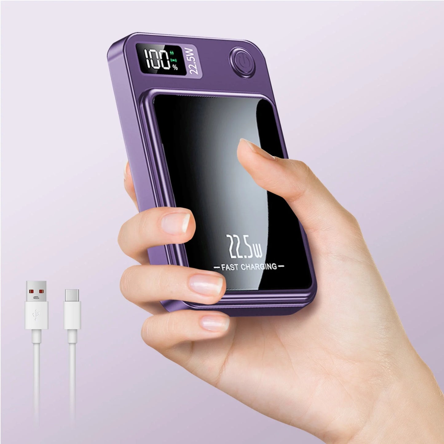 Wireless Power Bank, 10000Mah Super Capacity, with LED Power Display, 2 in 1 Portable Magnetic Power Bank, Compatible with Multi Device with Cable, Purple