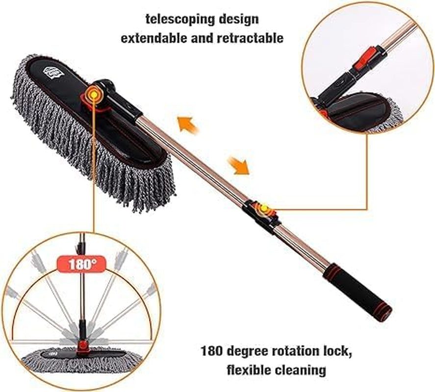 Car Duster Set,Car Duster Exterior Scratch Free with Extendable Handle,Large and Small Auto Brushes Remove Dust for RV and Trucks,Microfiber Interior Brush