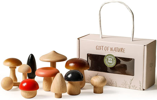 Wooden Mushroom Toys Set for Kids, 11 Pcs Wood Mushroom Kit Art & Craft Set Montessori Early Educational Preschool Classroom Toy