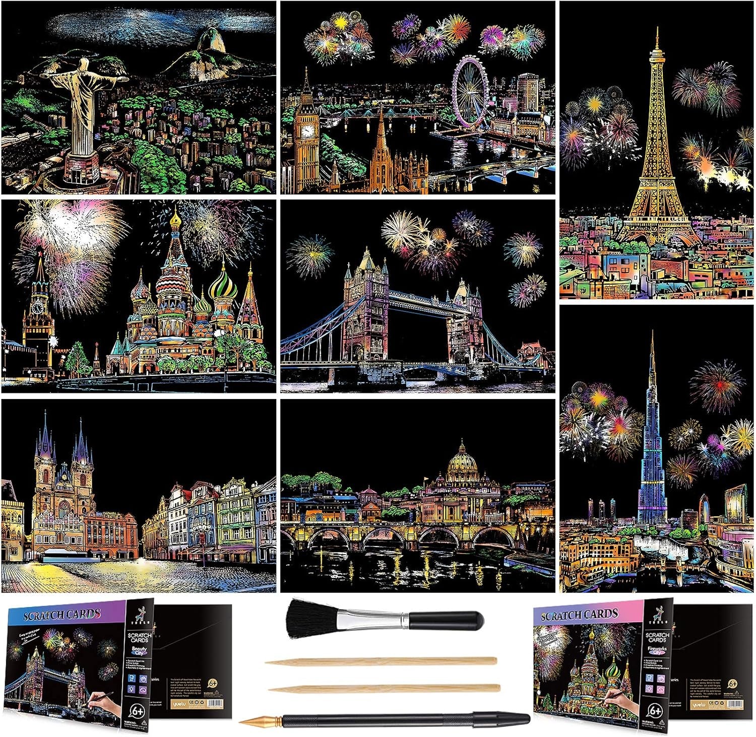 Scratch Art Rainbow Painting Paper (A4), DIY Art Crafts Womens Hobbies, Scratch Painting for Adults Thanksgiving Day Creative Gift Set: 8 Sheets (Classic City Building)