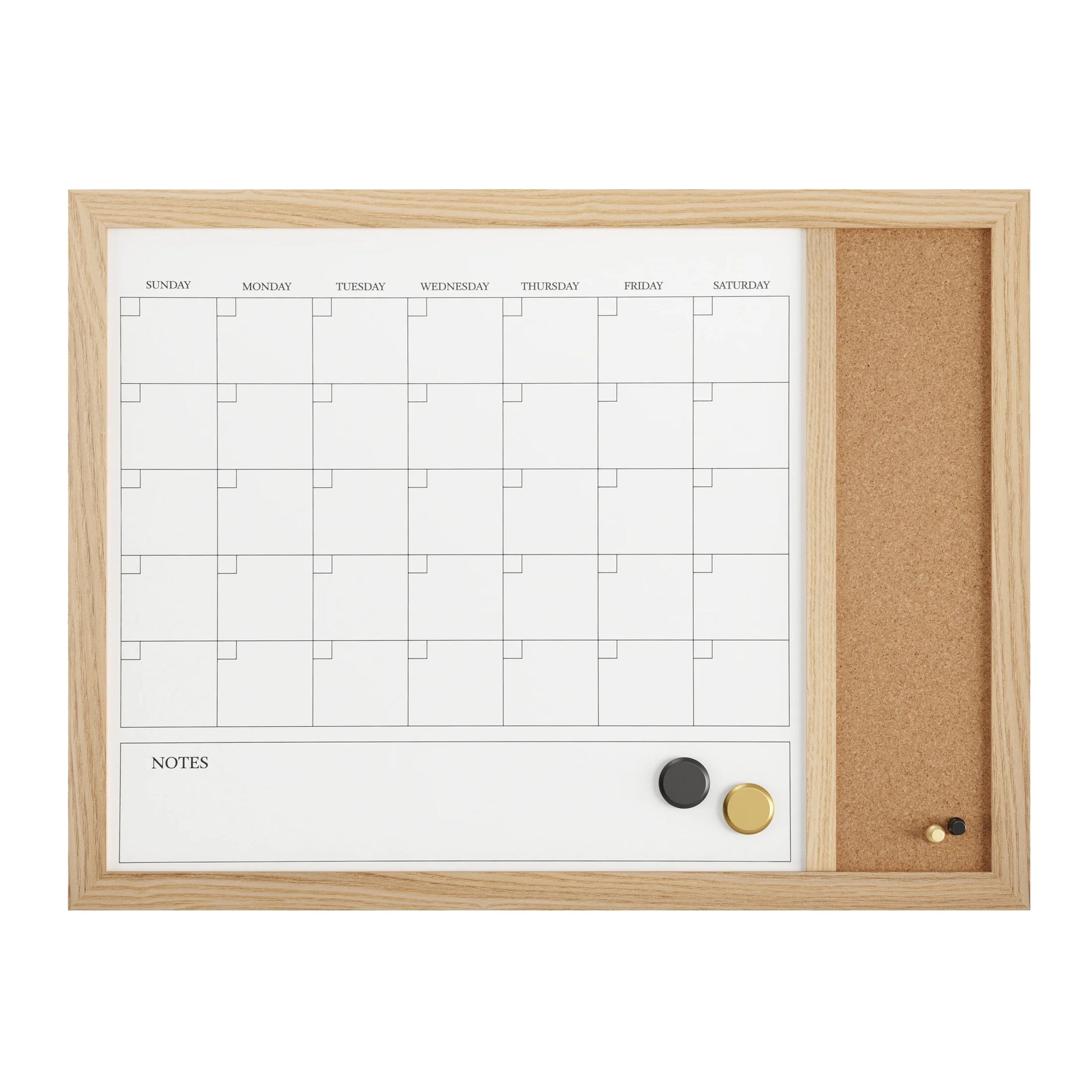 Everette 24"X18" Magnetic Dry Erase Monthly Calendar and Cork Board Combo with Included Marker, Magnets, and Push Pins, Light Natural Woodgrain Frame