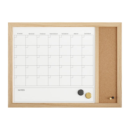 Everette 24"X18" Magnetic Dry Erase Monthly Calendar and Cork Board Combo with Included Marker, Magnets, and Push Pins, Light Natural Woodgrain Frame