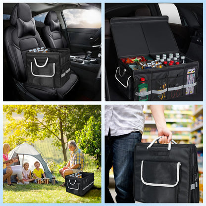 Car Trunk Organizer for SUV,  Collapsible Multi Compartments Trunk Vehicle Organizer, Waterproof Car Storage Organizer with Foldable Lid, Aluminium Handle, Non Slip Bottom (Black)