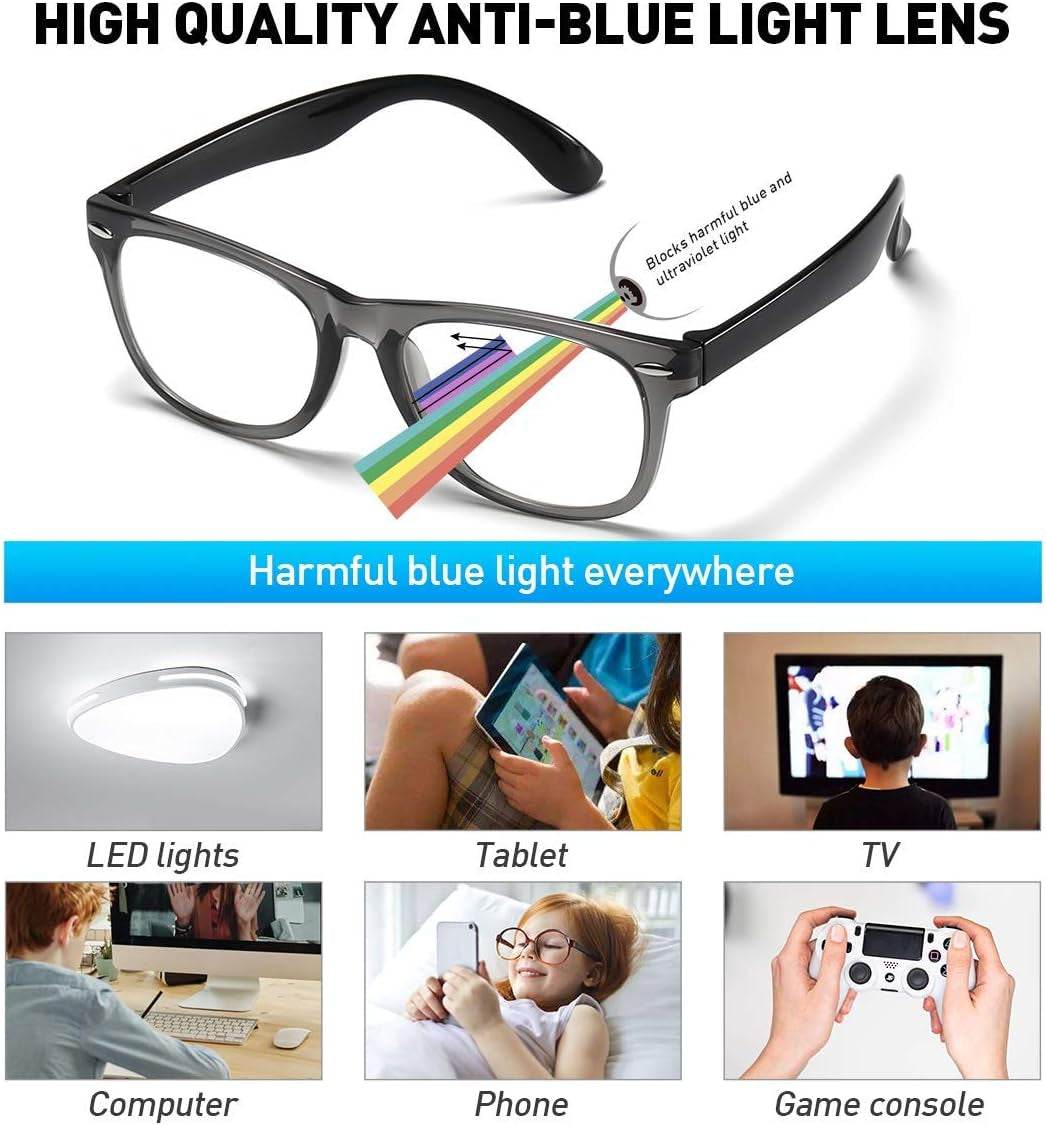 Kids Blue Light Blocking Glasses Girls Boys 2 Pack, Computer Video Gaming Glasses for Kids Girls Boys Age 3-9,Anti Blue Light & Headache (Transparent Black + Transparent Pink)