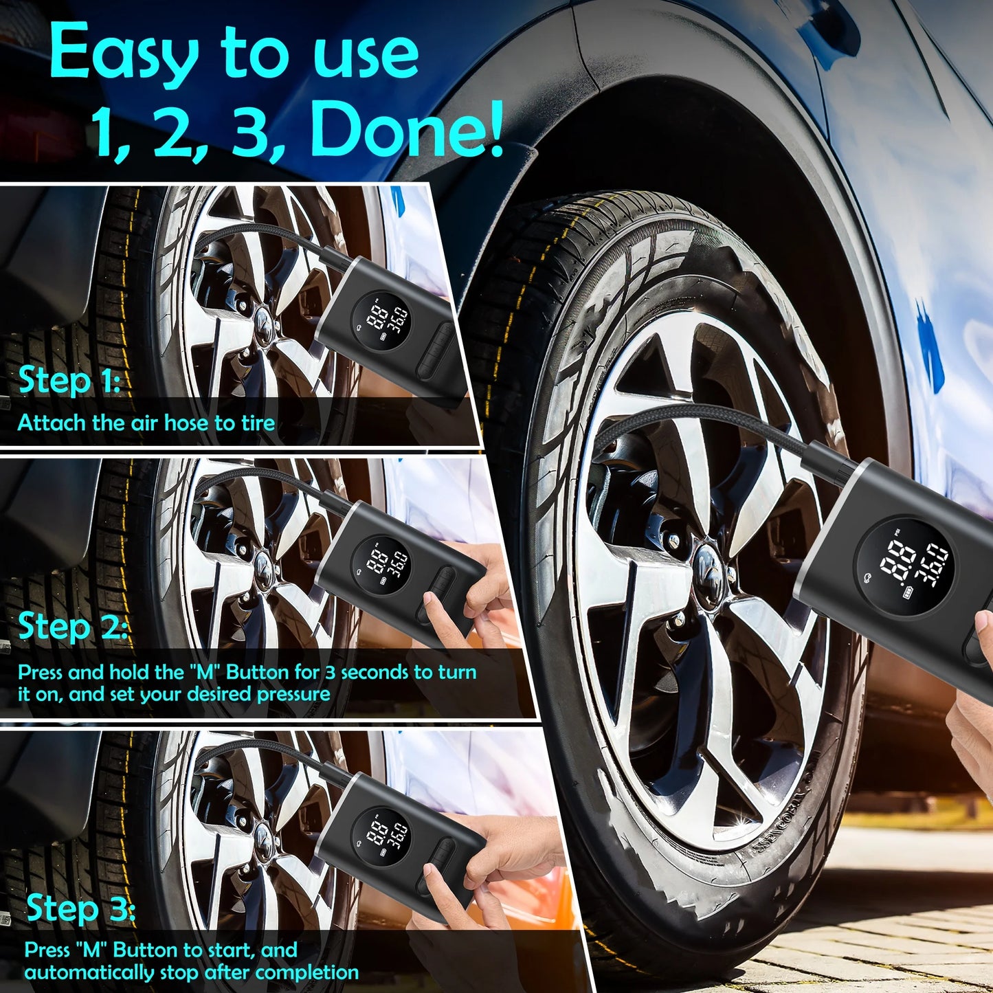 Portable Air Pump with Digital Pressure Gauge