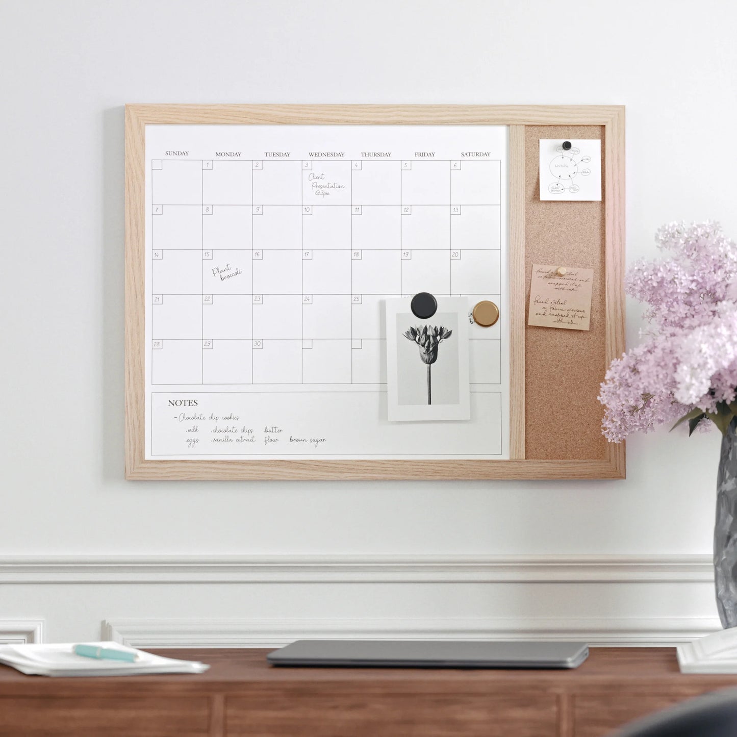 Everette 24"X18" Magnetic Dry Erase Monthly Calendar and Cork Board Combo with Included Marker, Magnets, and Push Pins, Light Natural Woodgrain Frame