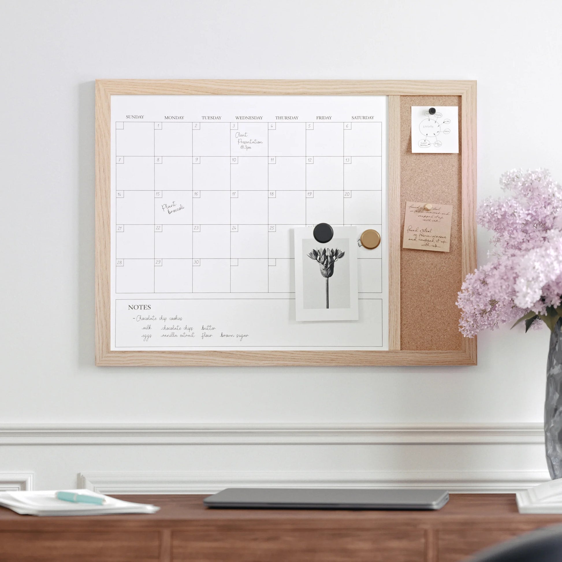 Everette 24"X18" Magnetic Dry Erase Monthly Calendar and Cork Board Combo with Included Marker, Magnets, and Push Pins, Light Natural Woodgrain Frame