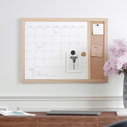 Everette 24"X18" Magnetic Dry Erase Monthly Calendar and Cork Board Combo with Included Marker, Magnets, and Push Pins, Light Natural Woodgrain Frame