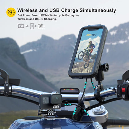 Waterproof Motorcycle Phone Mount IP67 with Wireless Qi/Usb C 3.0 Charger, Anti-Theft Handlebar 1" Ball Phone Holder with Aluminum Mounting Base 720° Rotation for 3.5"-6.1" Smartphones(S)