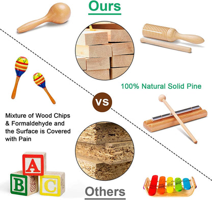 Toddler Musical Instruments Natural Wooden Percussion Instruments Toy for Kids Preschool Educationa Musical Toys Set for Boys Girls with Storage Bag