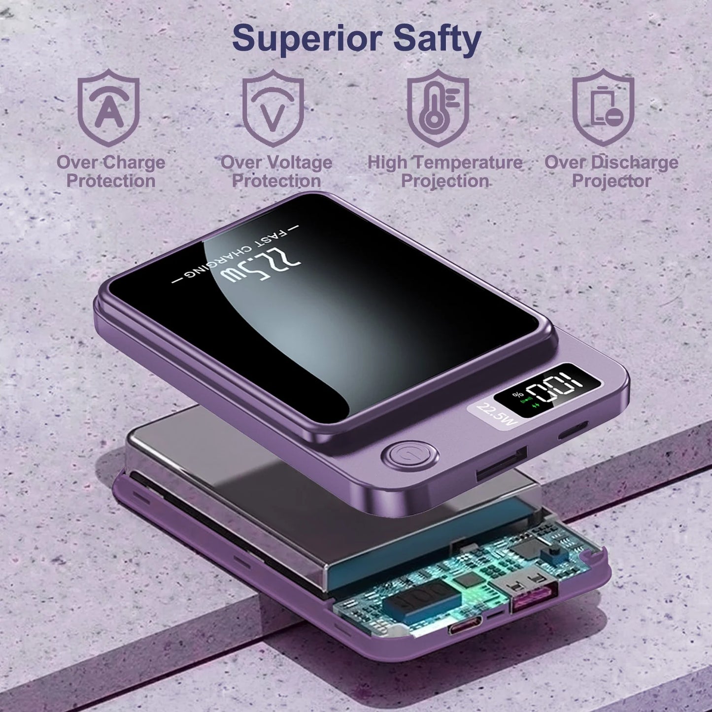 Wireless Power Bank, 10000Mah Super Capacity, with LED Power Display, 2 in 1 Portable Magnetic Power Bank, Compatible with Multi Device with Cable, Purple