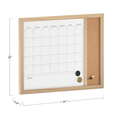 Everette 24"X18" Magnetic Dry Erase Monthly Calendar and Cork Board Combo with Included Marker, Magnets, and Push Pins, Light Natural Woodgrain Frame
