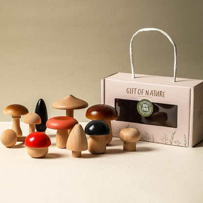 Wooden Mushroom Toys Set for Kids, 11 Pcs Wood Mushroom Kit Art & Craft Set Montessori Early Educational Preschool Classroom Toy