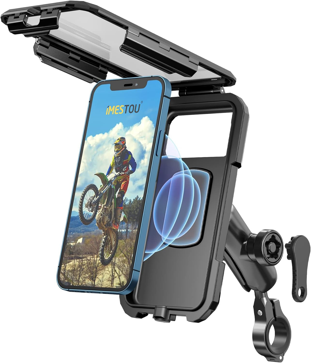 Waterproof Motorcycle Phone Mount IP67 with Wireless Qi/Usb C 3.0 Charger, Anti-Theft Handlebar 1" Ball Phone Holder with Aluminum Mounting Base 720° Rotation for 3.5"-6.1" Smartphones(S)