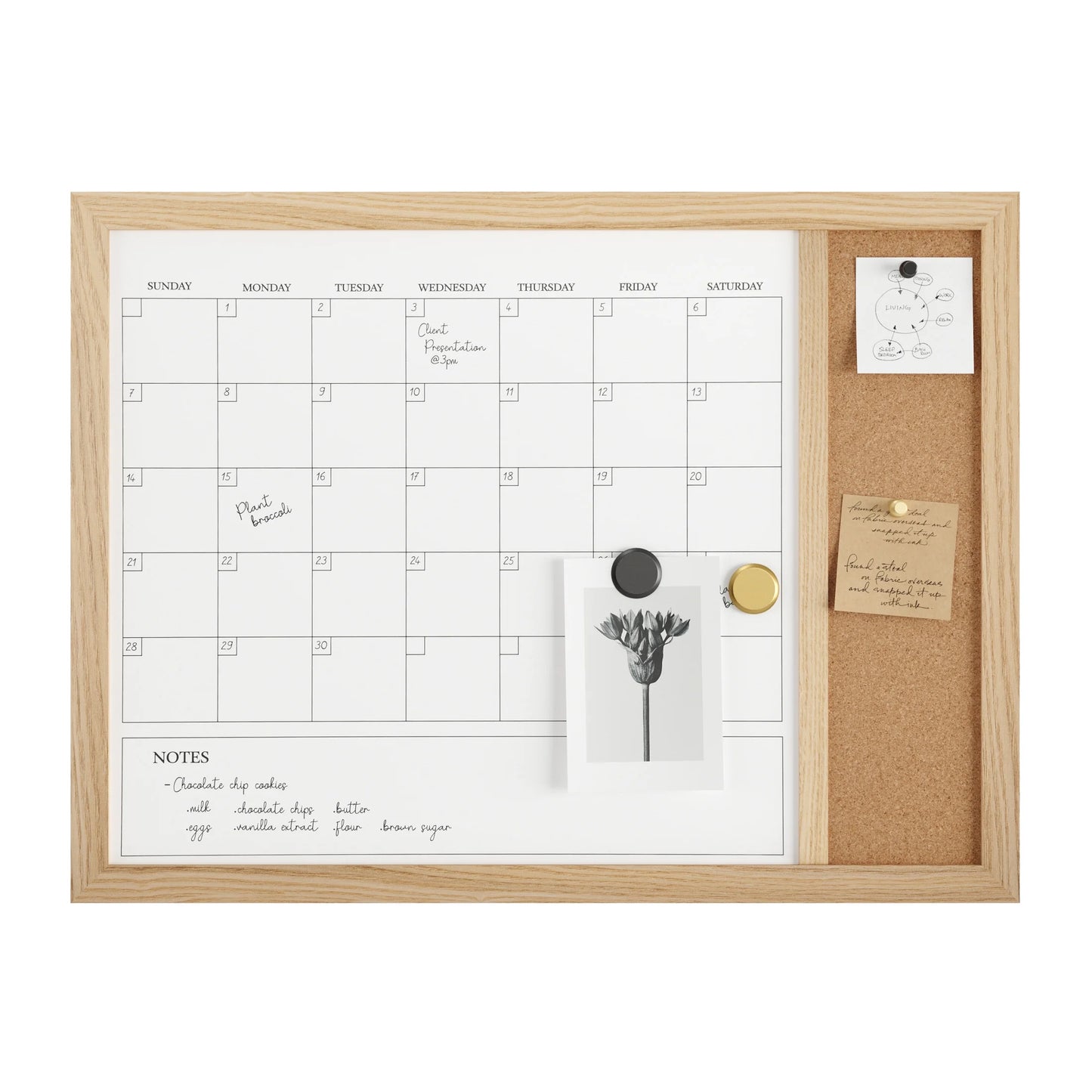 Everette 24"X18" Magnetic Dry Erase Monthly Calendar and Cork Board Combo with Included Marker, Magnets, and Push Pins, Light Natural Woodgrain Frame