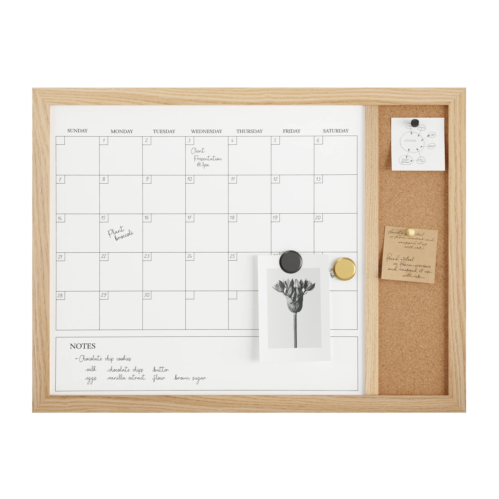 Everette 24"X18" Magnetic Dry Erase Monthly Calendar and Cork Board Combo with Included Marker, Magnets, and Push Pins, Light Natural Woodgrain Frame