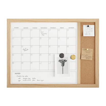 Everette 24"X18" Magnetic Dry Erase Monthly Calendar and Cork Board Combo with Included Marker, Magnets, and Push Pins, Light Natural Woodgrain Frame