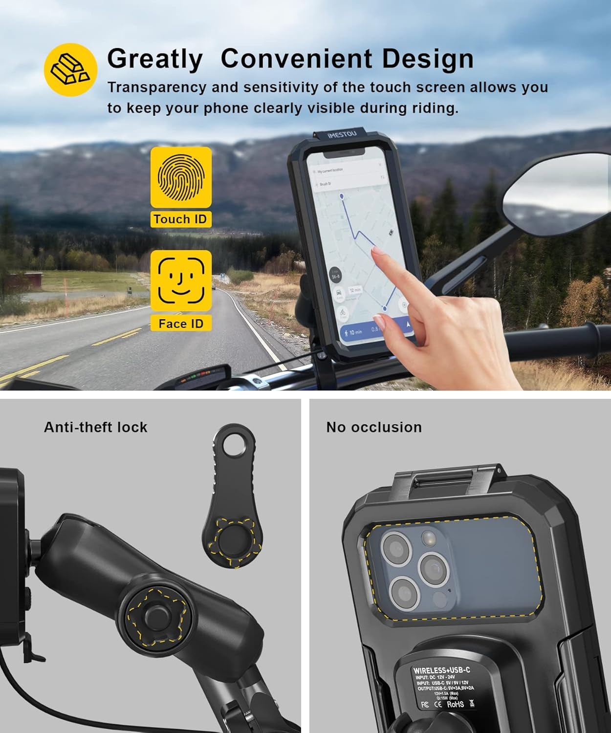 Waterproof Motorcycle Phone Mount IP67 with Wireless Qi/Usb C 3.0 Charger, Anti-Theft Handlebar 1" Ball Phone Holder with Aluminum Mounting Base 720° Rotation for 3.5"-6.1" Smartphones(S)