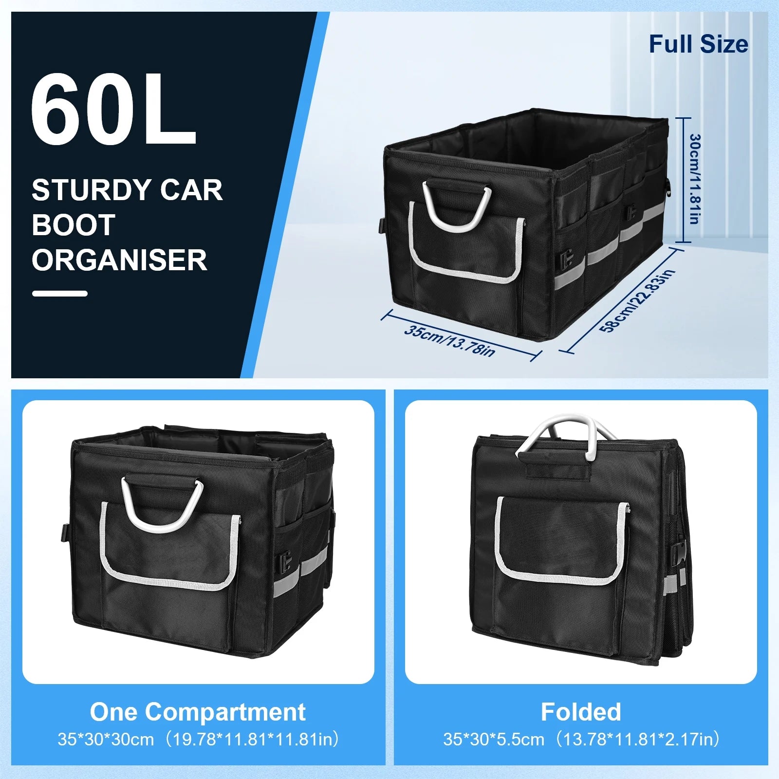 Car Trunk Organizer for SUV,  Collapsible Multi Compartments Trunk Vehicle Organizer, Waterproof Car Storage Organizer with Foldable Lid, Aluminium Handle, Non Slip Bottom (Black)