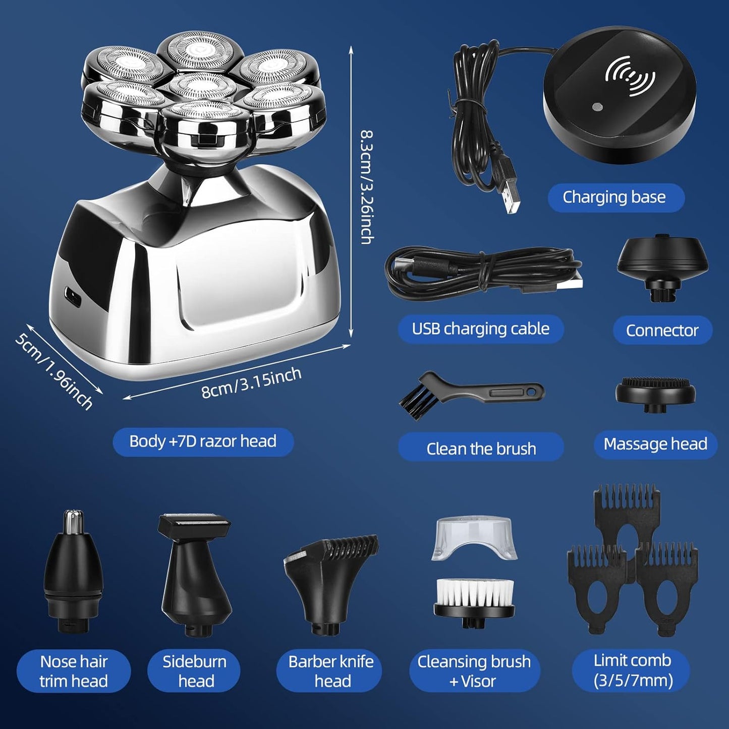 Rasoir À Tête Chauve Homme 7D, Rasoir Electriques Hommes Sans Fil Avec Base De Charge Rapide, 6 En 1 Tondeuse À Barbe Rechargeable, Rasoir Electrique Tondeuse Cheveux Avec Étanche, Affichage LED