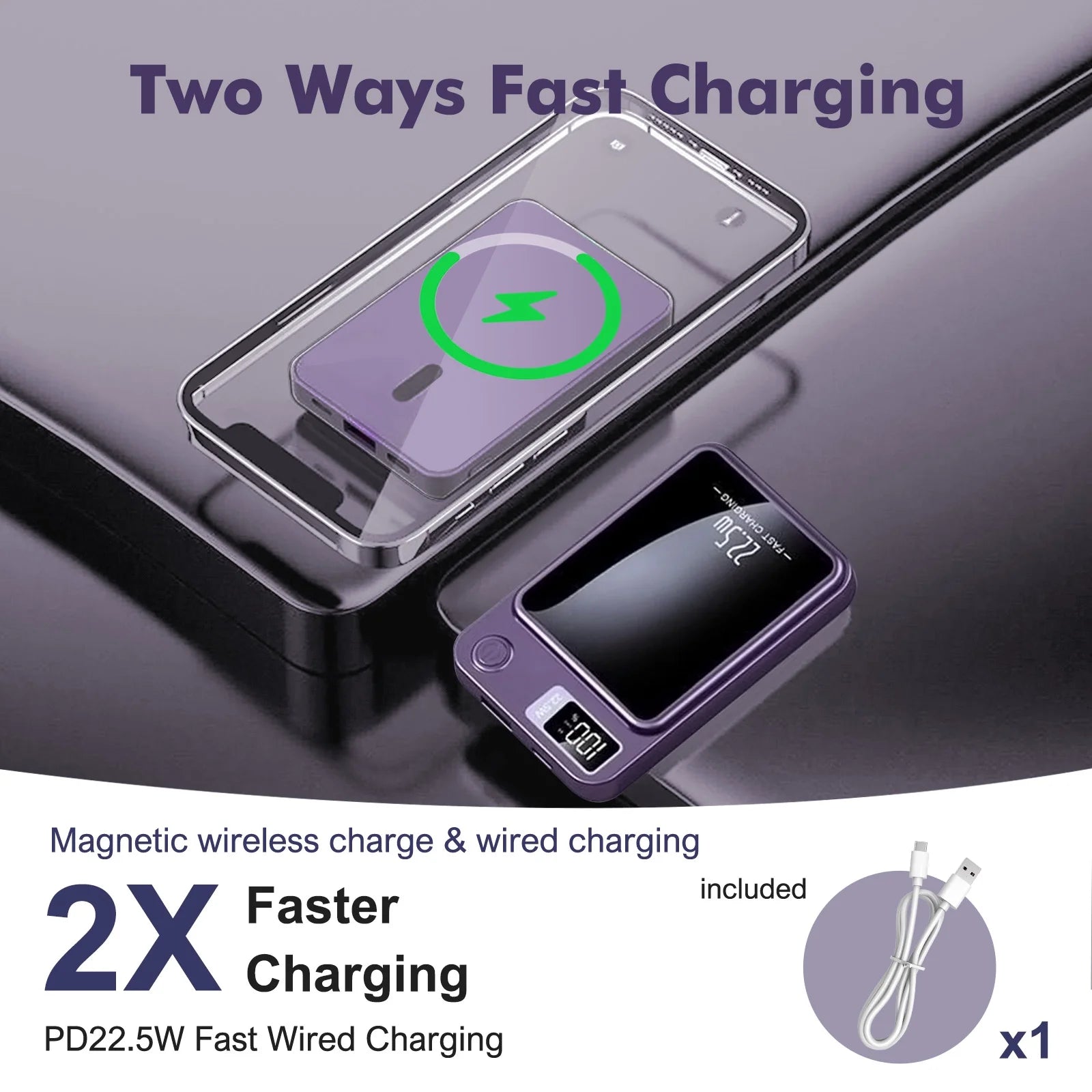 Wireless Power Bank, 10000Mah Super Capacity, with LED Power Display, 2 in 1 Portable Magnetic Power Bank, Compatible with Multi Device with Cable, Purple