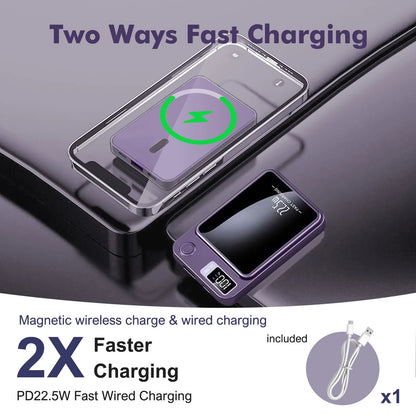 Wireless Power Bank, 10000Mah Super Capacity, with LED Power Display, 2 in 1 Portable Magnetic Power Bank, Compatible with Multi Device with Cable, Purple