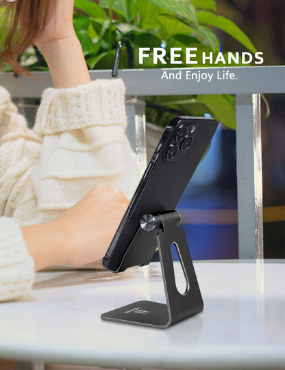 Phone Stand for Desk, Single Adjustable Cell Phone Holder, Portable Mobile Phone Cradle Dock for Iphone 15, 14, 13, 12 Pro Max, Samsung, Huawei, and All Smartphones. (Black)