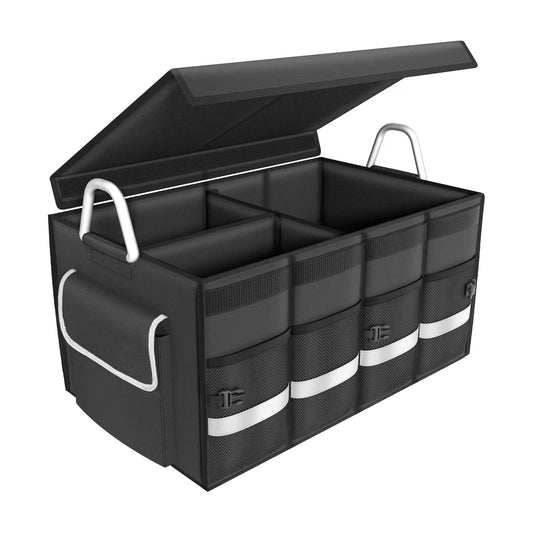 Car Trunk Organizer for SUV,  Collapsible Multi Compartments Trunk Vehicle Organizer, Waterproof Car Storage Organizer with Foldable Lid, Aluminium Handle, Non Slip Bottom (Black)