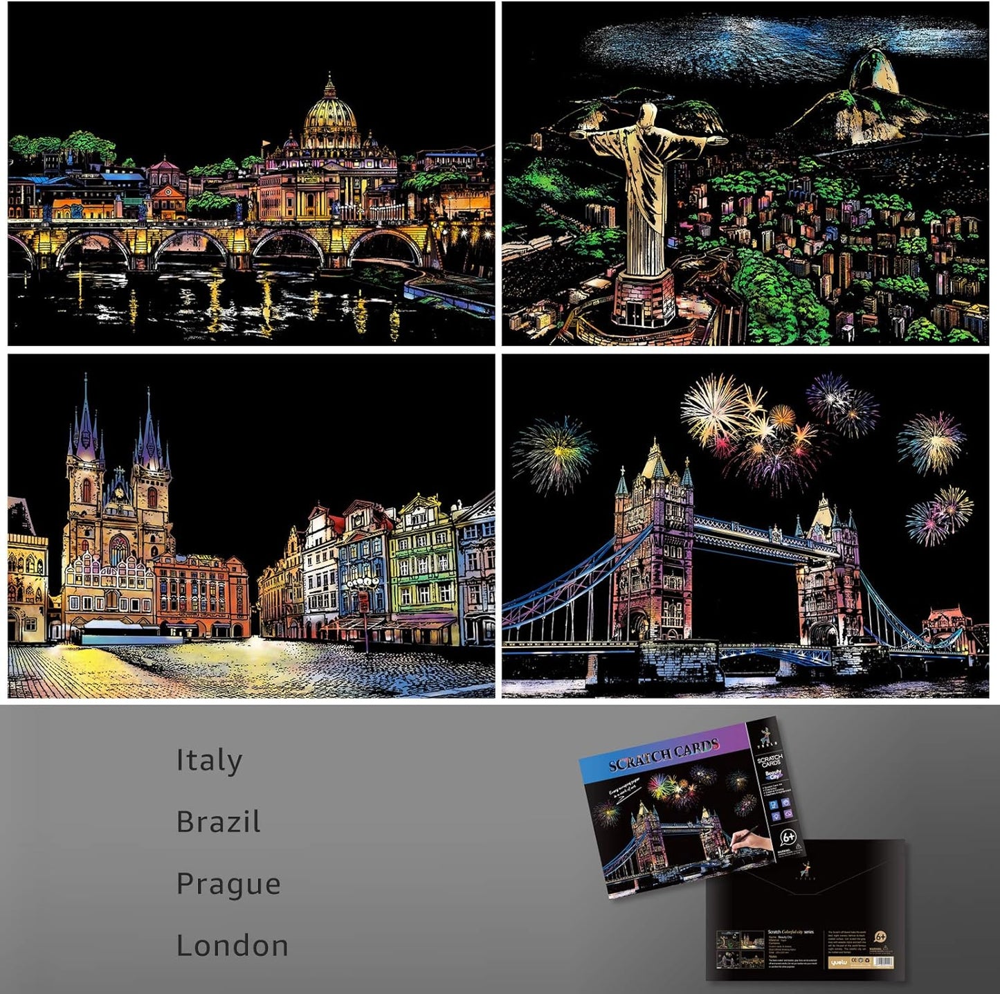 Scratch Art Rainbow Painting Paper (A4), DIY Art Crafts Womens Hobbies, Scratch Painting for Adults Thanksgiving Day Creative Gift Set: 8 Sheets (Classic City Building)