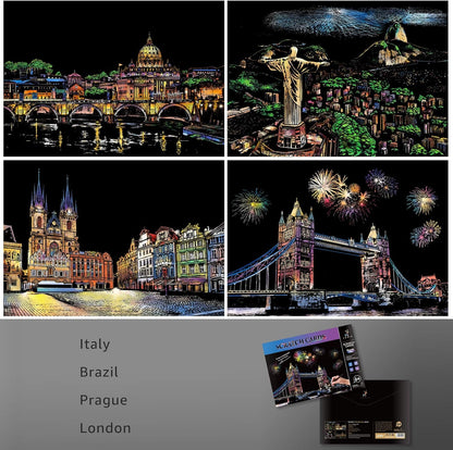 Scratch Art Rainbow Painting Paper (A4), DIY Art Crafts Womens Hobbies, Scratch Painting for Adults Thanksgiving Day Creative Gift Set: 8 Sheets (Classic City Building)