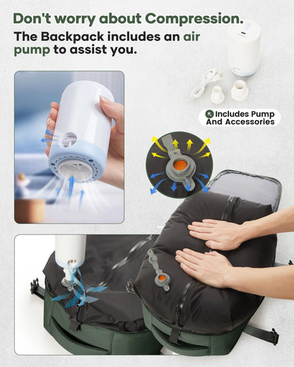 Large Vacuum Travel Backpack with Pump for Women,Airback Personal Item Carry on Backpacks Flight Approved 18X14X8 Inches for Men,Laptop Waterproof Work Compression Bags Casual Daypack,Brown Green