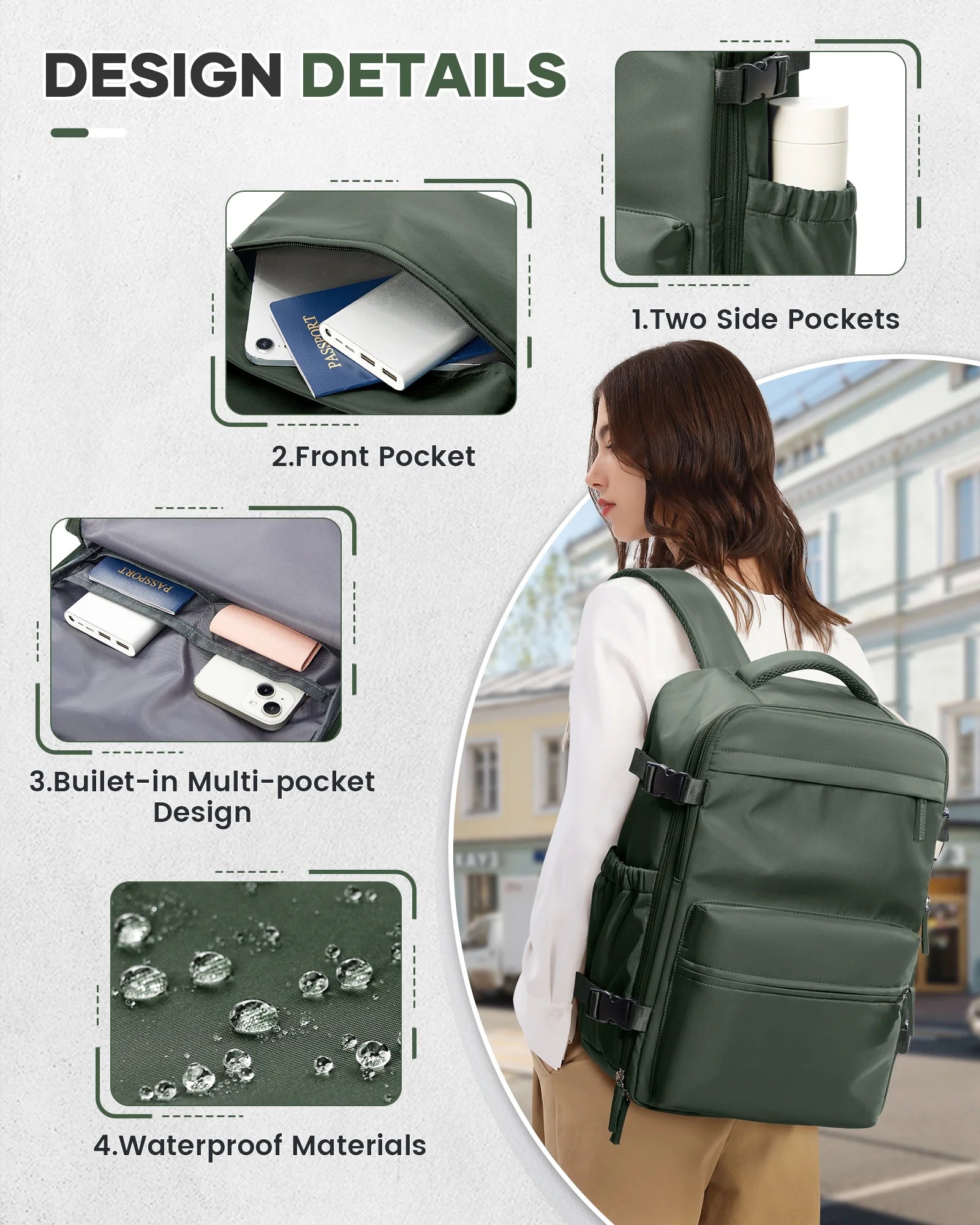 Large Vacuum Travel Backpack with Pump for Women,Airback Personal Item Carry on Backpacks Flight Approved 18X14X8 Inches for Men,Laptop Waterproof Work Compression Bags Casual Daypack,Brown Green