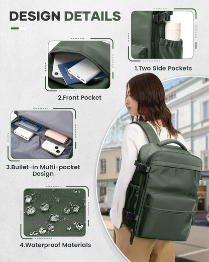 Large Vacuum Travel Backpack with Pump for Women,Airback Personal Item Carry on Backpacks Flight Approved 18X14X8 Inches for Men,Laptop Waterproof Work Compression Bags Casual Daypack,Brown Green