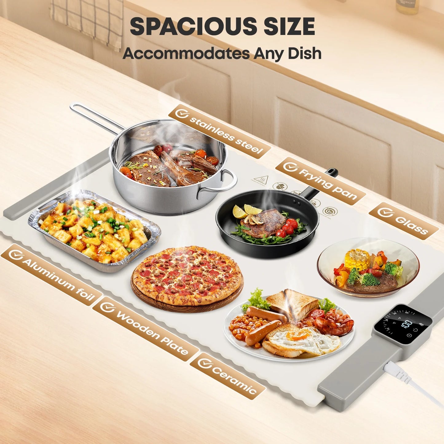 Food Warming Mat, Foldable Roll up Silicone Electric Warming Tray with 5 Level Temperature for Parties Home Trave,White