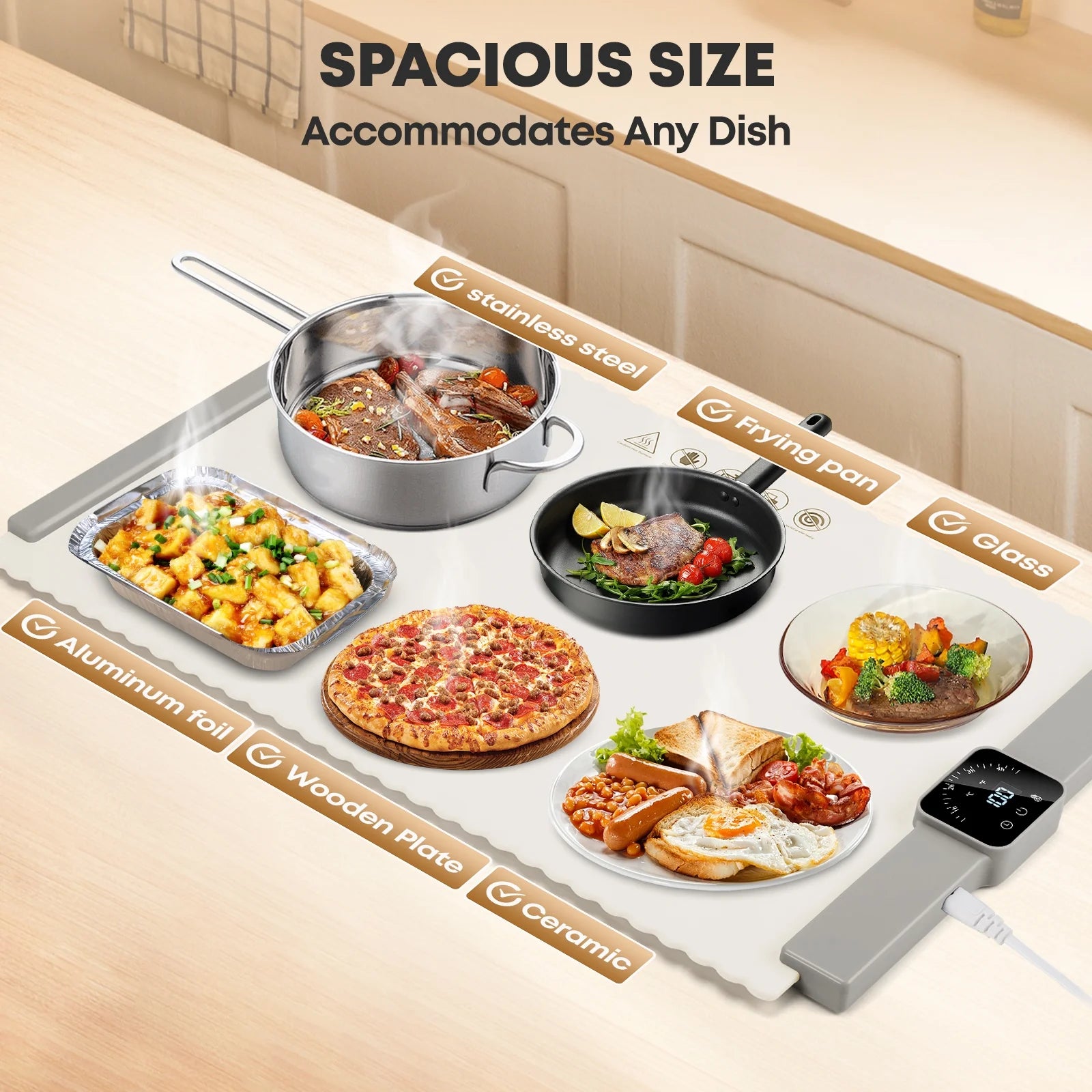 Food Warming Mat, Foldable Roll up Silicone Electric Warming Tray with 5 Level Temperature for Parties Home Trave,White