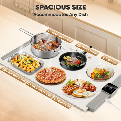 Food Warming Mat, Foldable Roll up Silicone Electric Warming Tray with 5 Level Temperature for Parties Home Trave,White