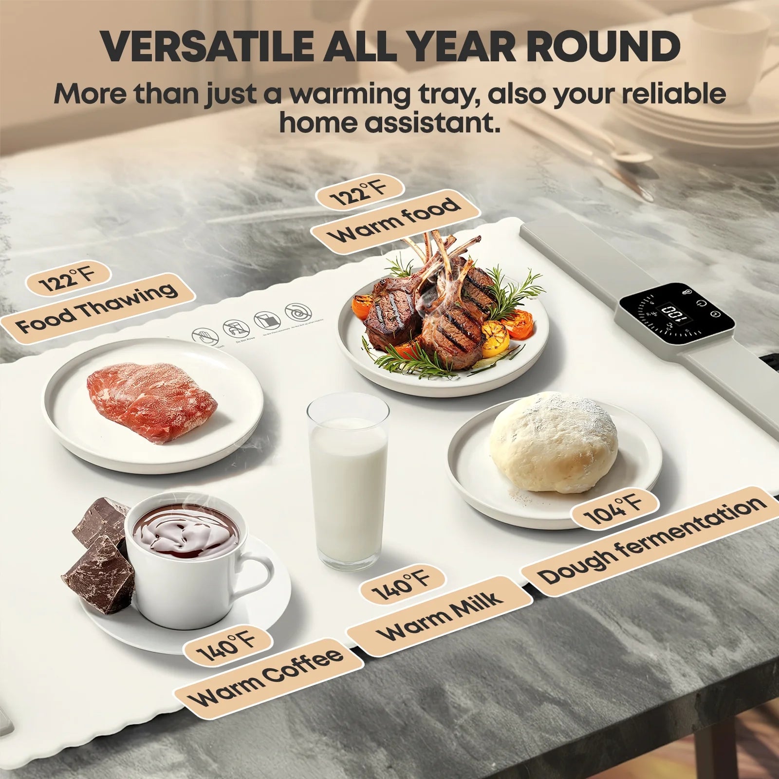 Food Warming Mat, Foldable Roll up Silicone Electric Warming Tray with 5 Level Temperature for Parties Home Trave,White