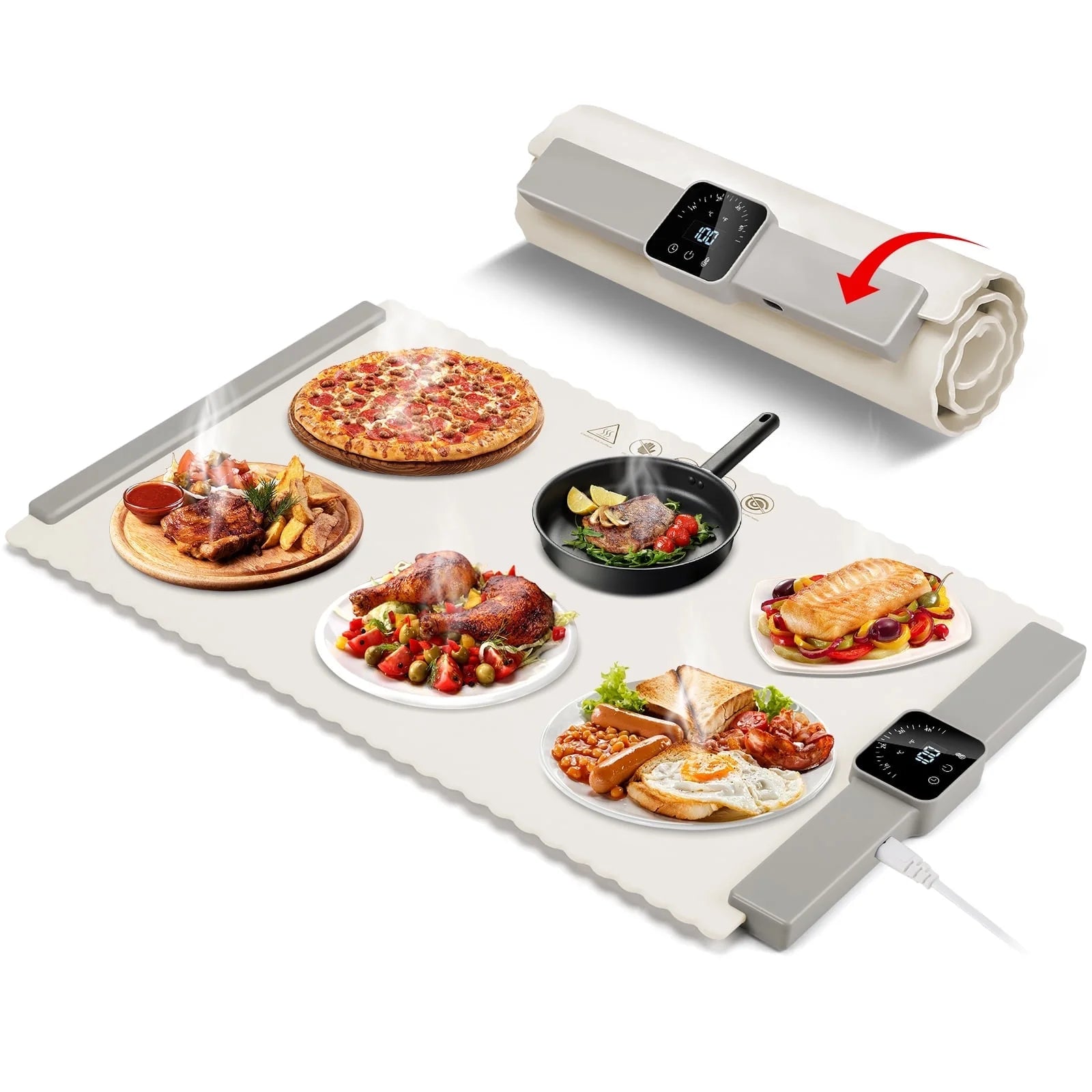 Food Warming Mat, Foldable Roll up Silicone Electric Warming Tray with 5 Level Temperature for Parties Home Trave,White