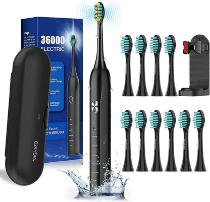 Electric Toothbrush for Adults, 10 Replacement Heads, 1 Travel Case, Sonic, Soft, IP7 Waterproof, Smart Timer, Battery Powered